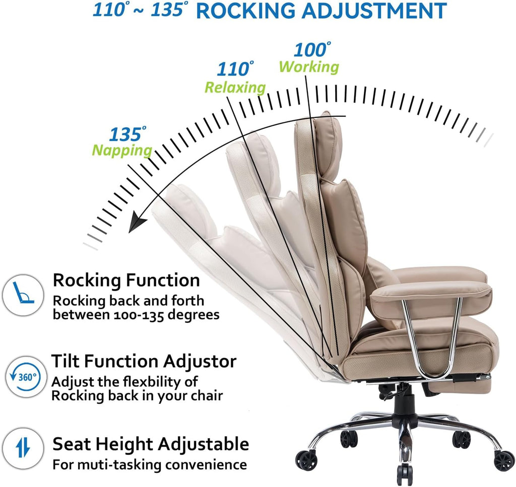 Efomao Big and Tall Office Chair 400lbs – PU Leather Executive Office Chair with Lumbar Support & Leg Rest, Heavy-Duty Computer Chair for Home Office, Dark Beige