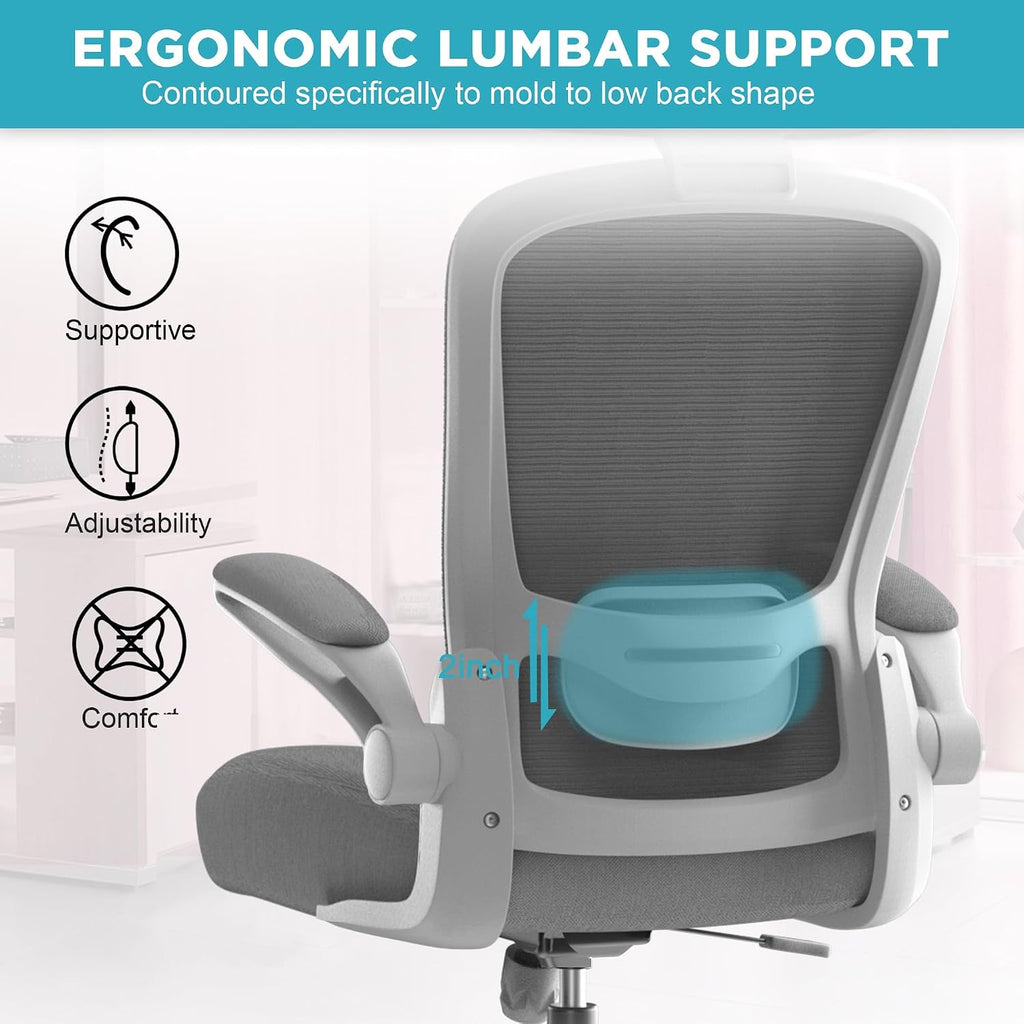 Mimoglad Office Chair, High Back Ergonomic Desk Chair with Adjustable Lumbar Support and Headrest, with flip-up Armrests for Guitar Playing, 5 Years Warranty (Grey)
