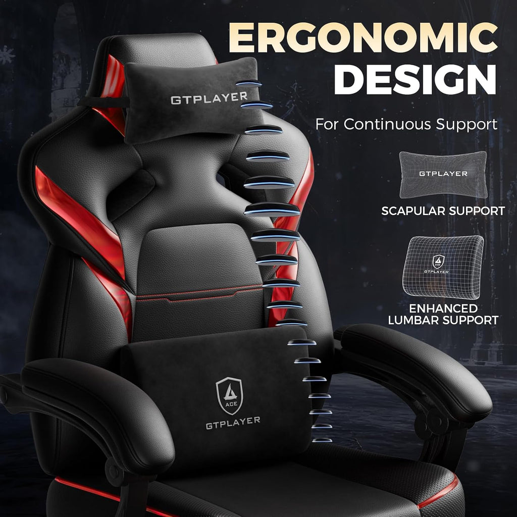GTPLAYER Big and Tall Gaming Chair for Adults, Ergonomic Office Chair with Footrest, Heavy Duty 350 lbs Capacity, High Back, Premium Leather & Iridescent Trim, ACE-Armor, Black & Red