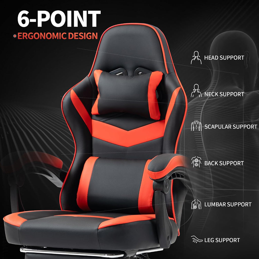 Gaming Chair with Footrest for Adults - Ergonomic Gaming Chairs with Foot Rest - Big and Tall Computer Game Chair - PU Leather Reclining Video Game Chairs with Spring Cushion - Black/Red