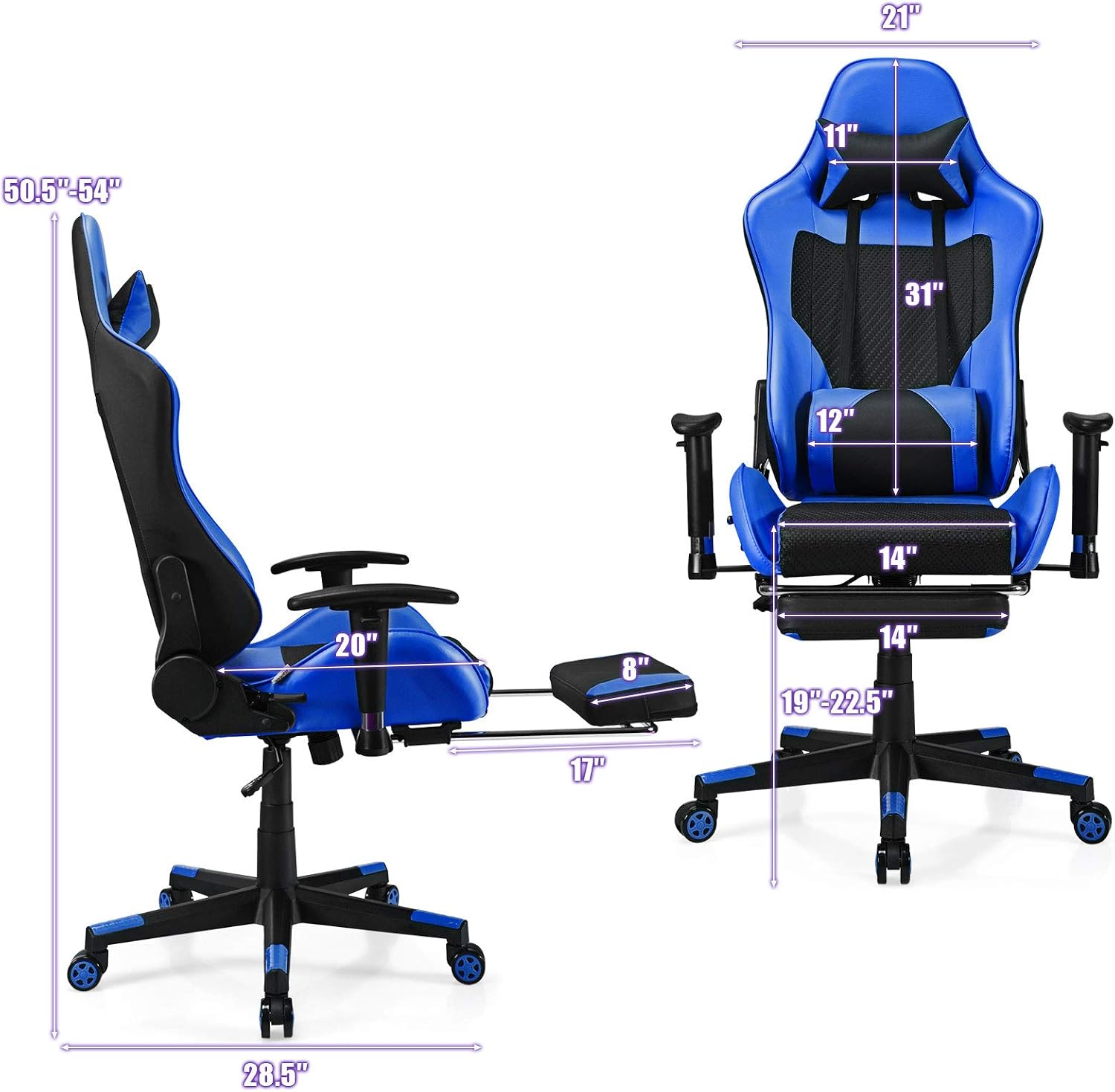 Giantex Massage Gaming Chair, Ergonomic Video Game Chair with Footrest, High Back E-Sport Computer Chair with Headrest & Massager Lumbar Support, PU Leather Gaming Seat (Blue)
