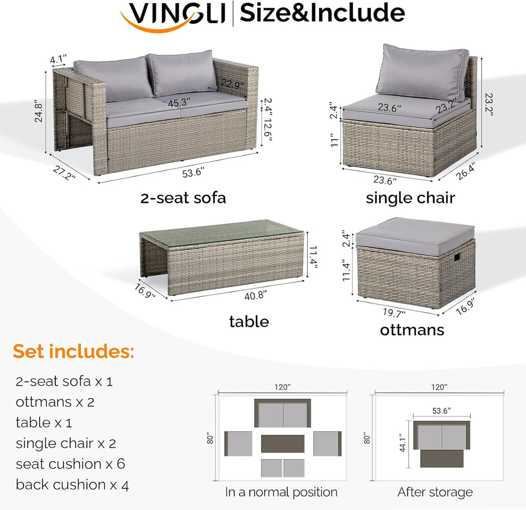 VINGLI 6 Pieces Wicker Patio Furniture Set, Outdoor Sectional Furniture Patio Conversation Set Space-Saving Design with Ottomans and Coffee Table for Garden,Poolside, Backyard(Grey)