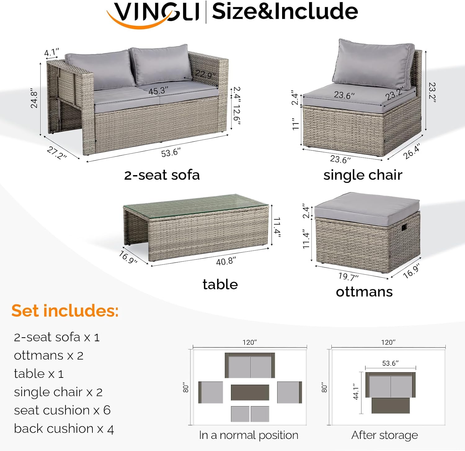 VINGLI 6 Pieces Wicker Patio Furniture Set, Outdoor Sectional Furniture Patio Conversation Set Space-Saving Design with Ottomans and Coffee Table for Garden,Poolside, Backyard(Grey)