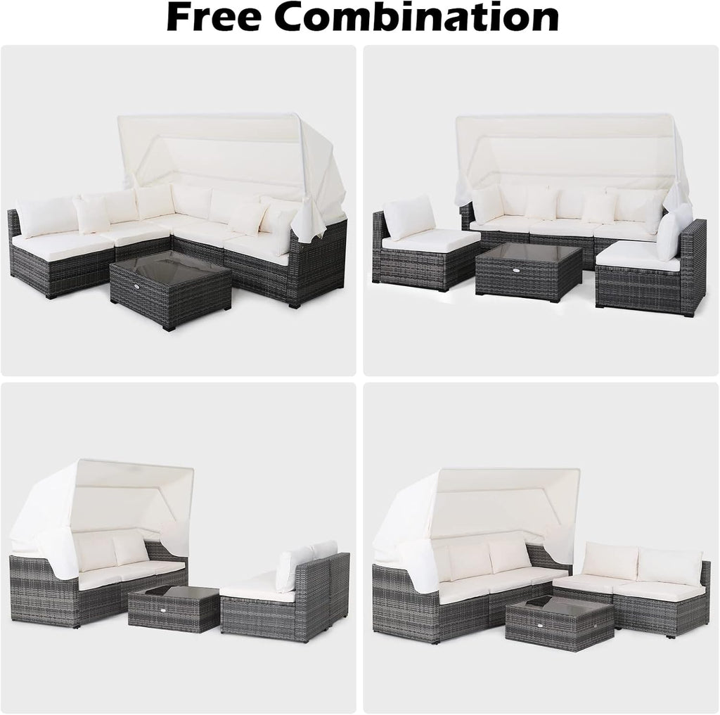 Tangkula 6-Piece Patio Furniture Set w/Retractable Canopy, Outdoor Conversation Set w/3-Seat Daybed Sofa, Soft Cushions and Tempered Glass Coffee Table, All-Weather PE Rattan Sectional Sofa Set