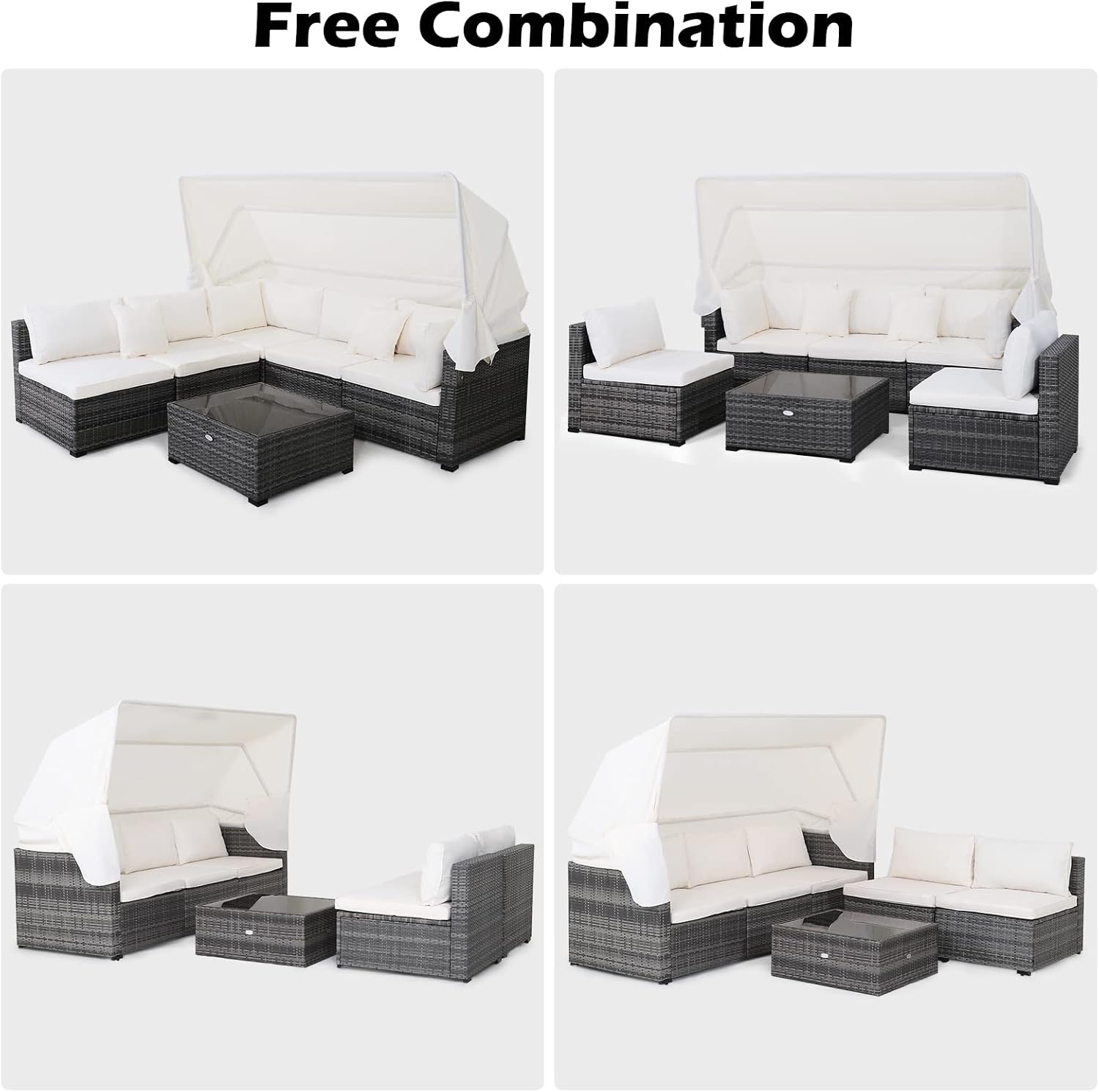 Tangkula 6-Piece Patio Furniture Set w/Retractable Canopy, Outdoor Conversation Set w/3-Seat Daybed Sofa, Soft Cushions and Tempered Glass Coffee Table, All-Weather PE Rattan Sectional Sofa Set