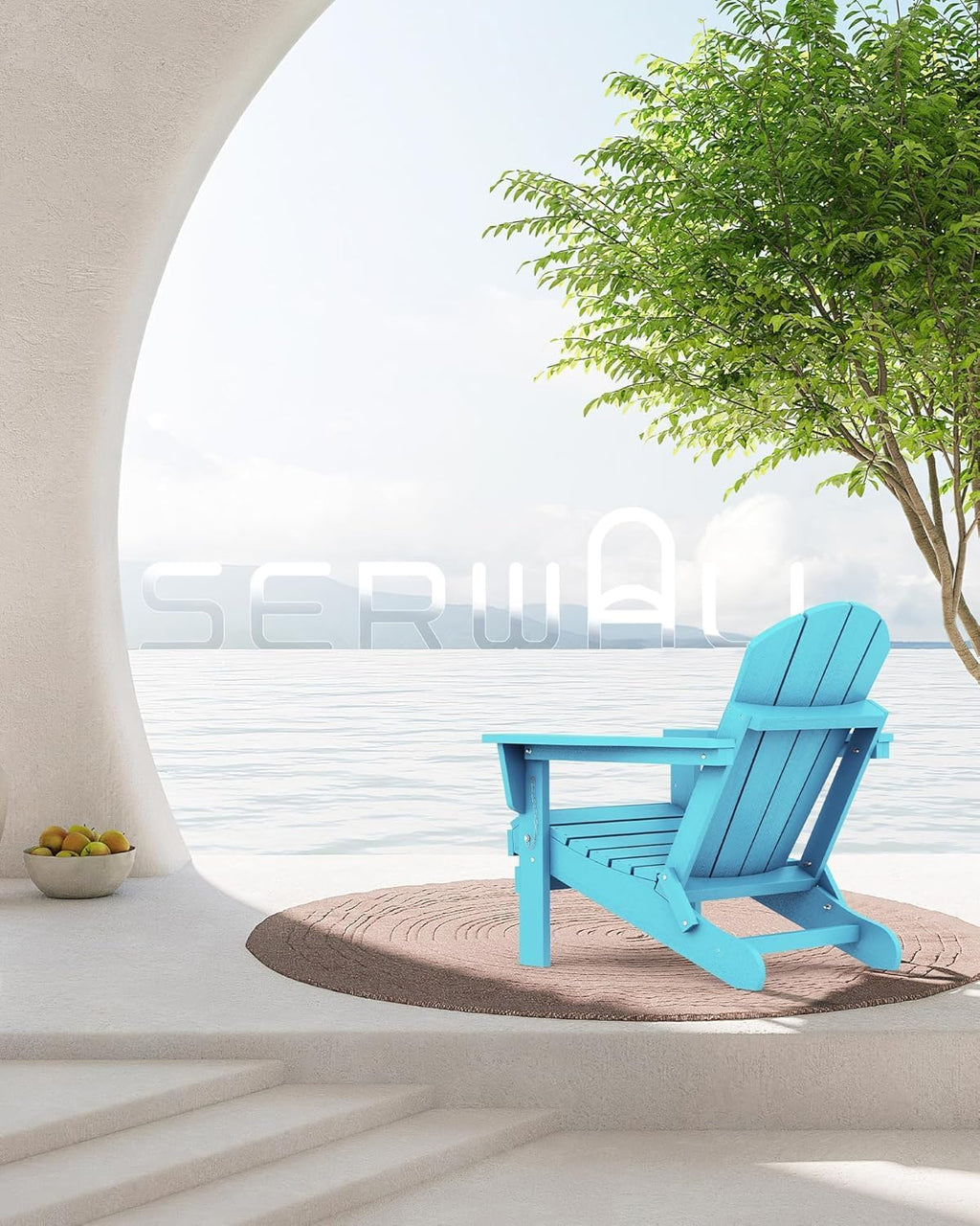 SERWALL Folding Adirondack Chair with Cup Holder Outdoor Adirondack Chairs Weather Resistant Patio Chair Fire Pit Chairs - Light Blue