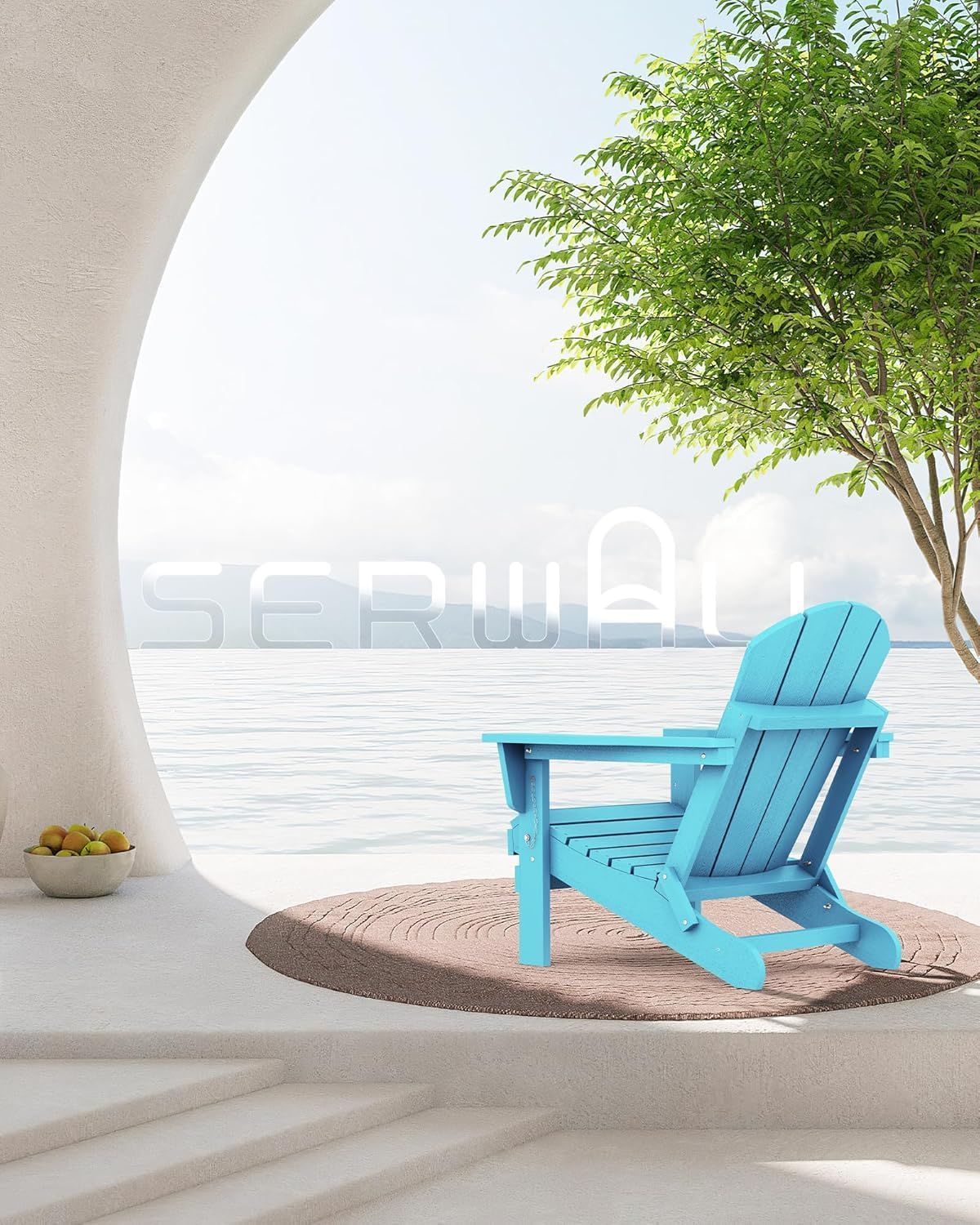SERWALL Folding Adirondack Chair with Cup Holder Outdoor Adirondack Chairs Weather Resistant Patio Chair Fire Pit Chairs - Light Blue