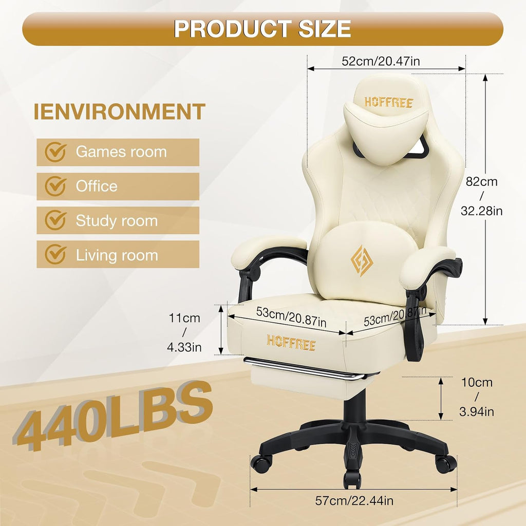 HOFFREE Gaming Chair Computer Chair with Speakers Massage Game Chairs with Footrest Bluetooth High Back Ergonomic Computer Gaming Chairs for Adults Reclining Video Gamer Chair Ivory
