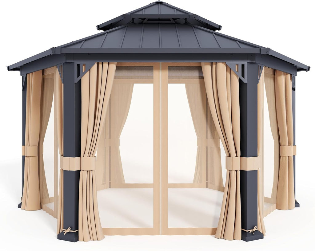 AMERLIFE 13X15FT Hardtop Gazebo, Hexagon Metal Patio Gazebo, Double Tiered Patio Pavilion with Aluminum Foot, Ceiling Hook, for Patio Lawn Garden, Backyard Shade, Netting and Curtains Included