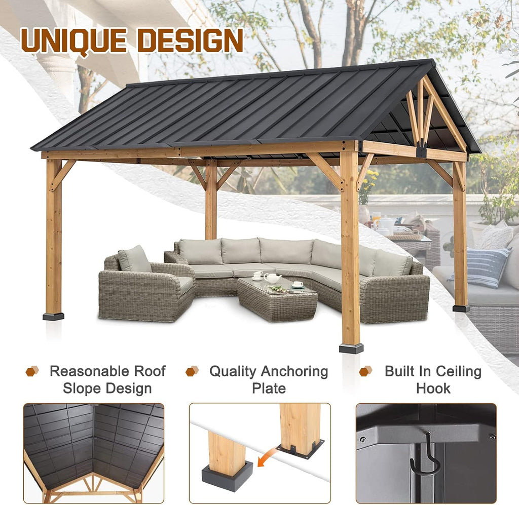 COOS BAY 11x13 Hardtop Gazebo with Cedar Wood Frame, Galvanized Steel Gable Roof with UV Protection for Garden, Patio, Poolside, Backyard, Natural Wood/Black