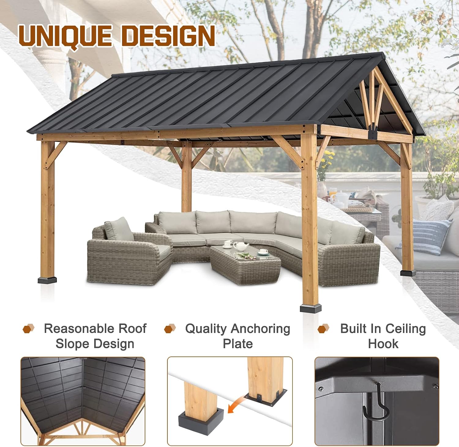 COOS BAY 11x13 Hardtop Gazebo with Cedar Wood Frame, Galvanized Steel Gable Roof with UV Protection for Garden, Patio, Poolside, Backyard, Natural Wood/Black