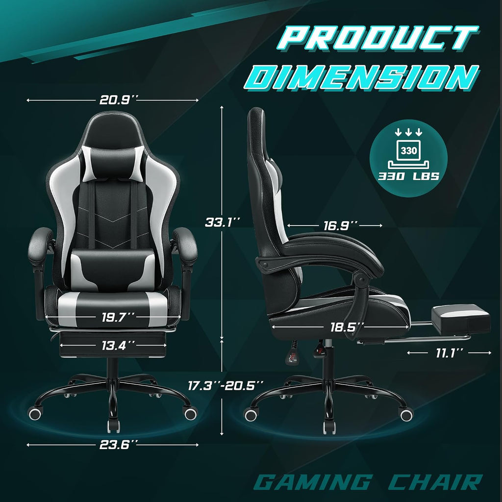 Gaming Chair with RGB, Computer Gaming Chairs with LED Lights and Footrest for Home, Office, White and Black
