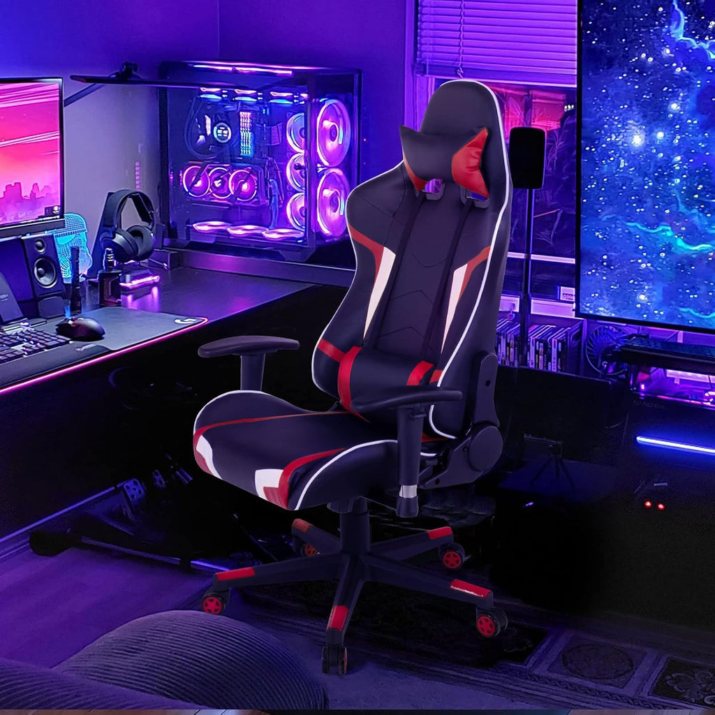 GYMAX Gaming Chair, Massage Gaming Chairs for Adults with Headrest, Lumbar Support & Armrest, Video Computer Reclining Gaming Chair, Office Desk Gamer Task Chair (Red with Black X-Shape Desk)