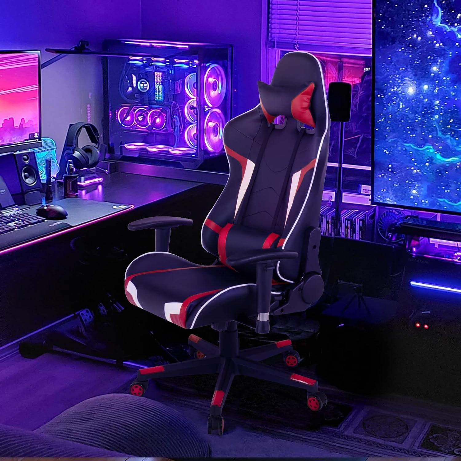 GYMAX Gaming Chair, Massage Gaming Chairs for Adults with Headrest, Lumbar Support & Armrest, Video Computer Reclining Gaming Chair, Office Desk Gamer Task Chair (Red with Black X-Shape Desk)
