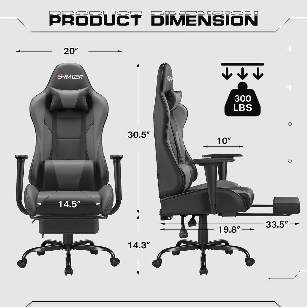 Homall Gaming Chairs, Computer Chair with Footrest and Massage Lumbar Support, Height Adjustable Game Chair with Headrest and Swivel Seat (Light Grey)
