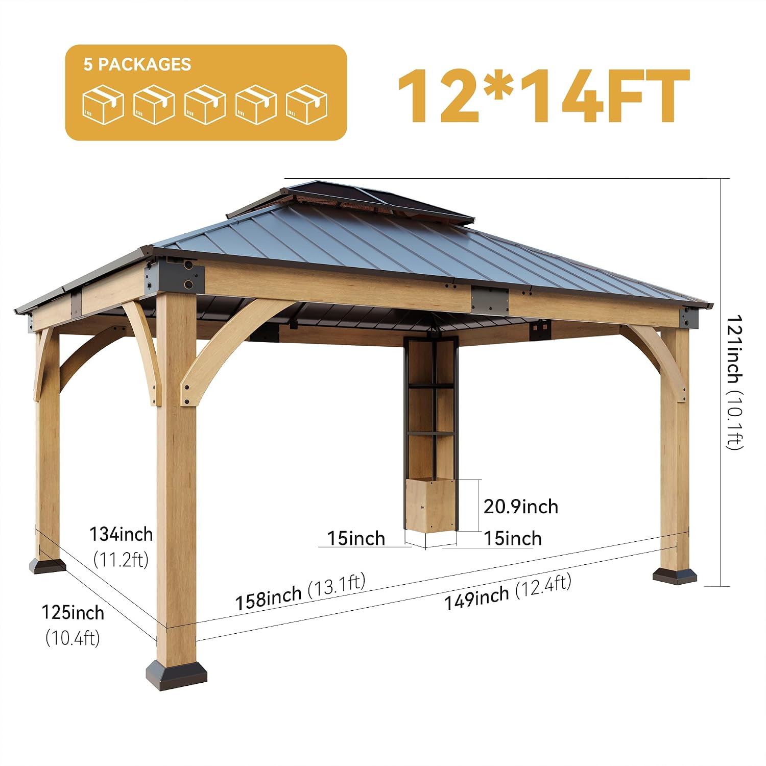 12x14 ft Cedar Wood Gazebo with Sunlight Roof &Storage Cabinet, Hardtop Gazebo with Galvanized Steel Double Roof, Heavy Duty Pavilion for Patio Lawn and Garden