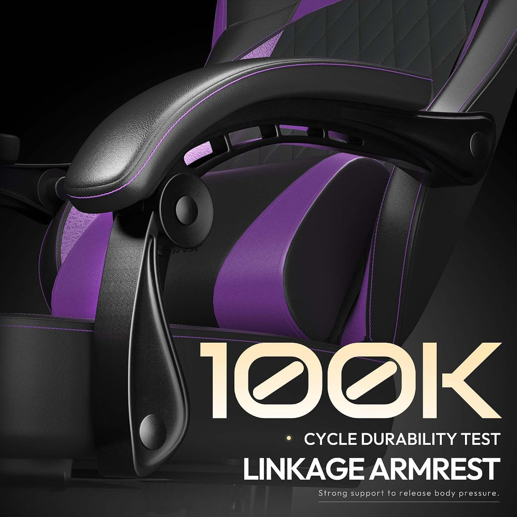Dowinx Gaming Chair with Pocket Spring Cushion, Ergonomic Computer Chair with Massage Lumbar and Footrest for Adults, High Back Game Chair Leather for Office Gaming 300LBS, Purple New