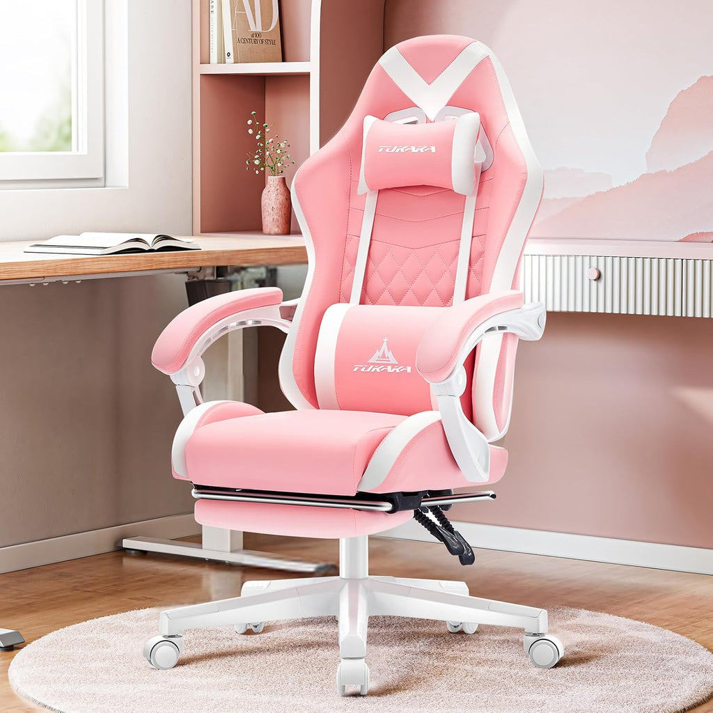 Pink Gaming Chair,Ergonomic Massage Computer Office Desk Chai r with Footrest,Pocket Spring Cushion,Reclining Leather Adjustable Gamer Chair with Headrest and Lumbar Support,Pink