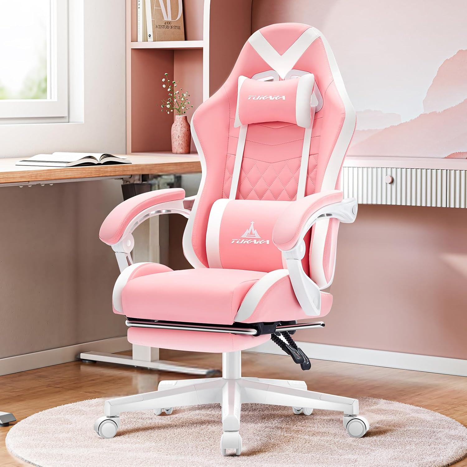 Pink Gaming Chair,Ergonomic Massage Computer Office Desk Chai r with Footrest,Pocket Spring Cushion,Reclining Leather Adjustable Gamer Chair with Headrest and Lumbar Support,Pink
