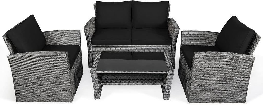 COSTWAY 4 Pieces Patio Rattan Furniture Set, Outdoor Wicker Sofa Set with Tempered Glass Coffee Table, Cushions, All Weather Rattan Conversation Set for Yard Balcony Backyard Pool (Black)