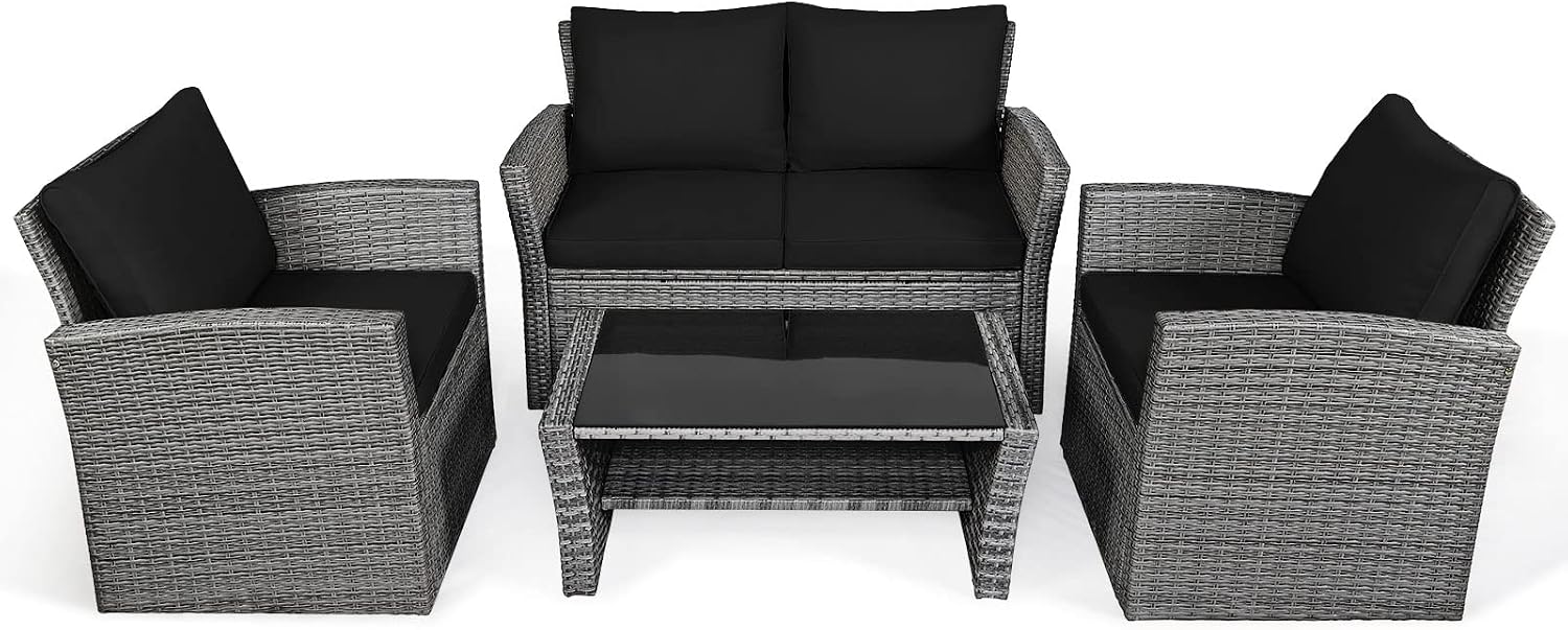 COSTWAY 4 Pieces Patio Rattan Furniture Set, Outdoor Wicker Sofa Set with Tempered Glass Coffee Table, Cushions, All Weather Rattan Conversation Set for Yard Balcony Backyard Pool (Black)