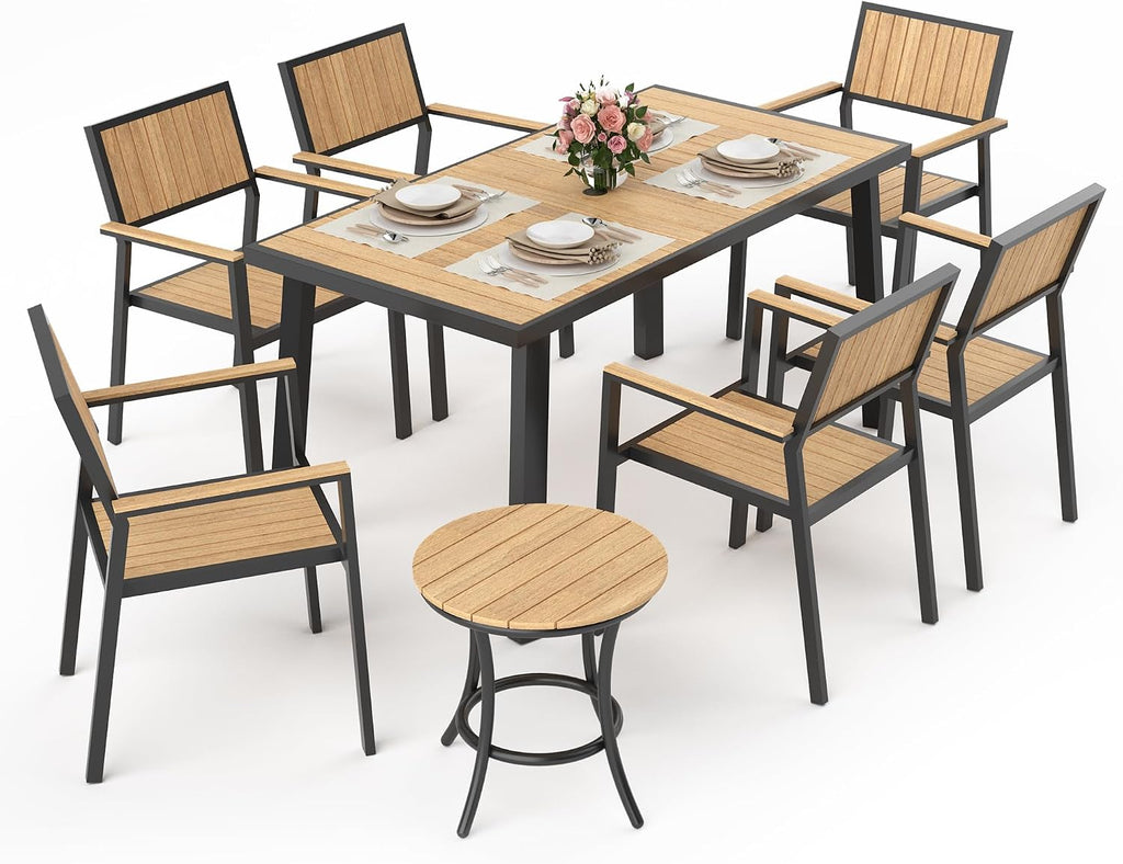 Pamapic 8-Piece Patio Dining Set，Outdoor Aluminum Furniture Set with Plastic-Wood Table Top,Outdoor Furniture Set with 6 Outdoor Stackable Chairs for Patio Garden Poolside (Teak)