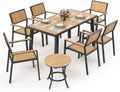 Pamapic 8-Piece Patio Dining Set，Outdoor Aluminum Furniture Set with Plastic-Wood Table Top,Outdoor Furniture Set with 6 Outdoor Stackable Chairs for Patio Garden Poolside (Teak)