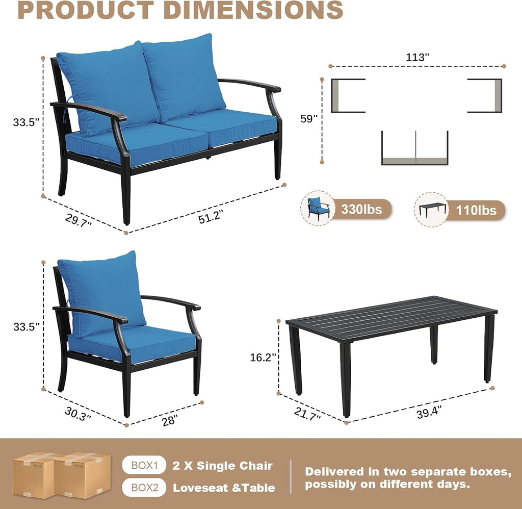 4-Piece Patio Furniture Set, Wider Outdoor Metal Seating Sofa with High Back & Loveseat, Coffee Table, All Weather Metal Conversation Set for Backyard, Poolside, Deck-Peacock