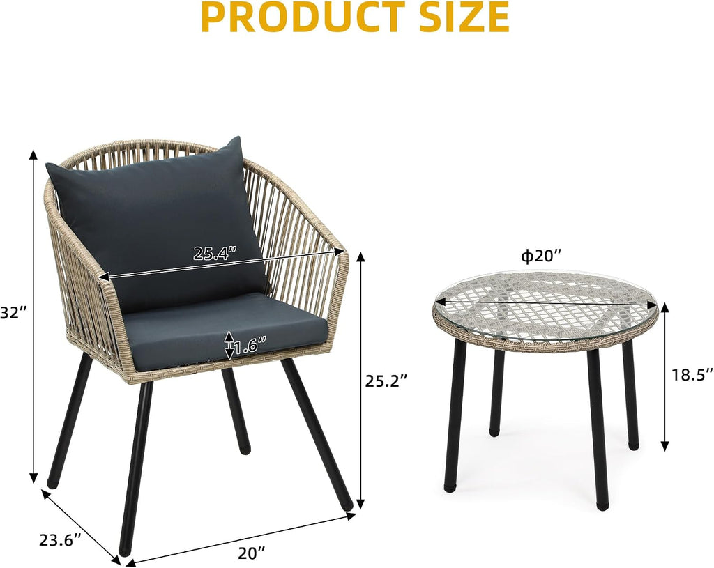 DWVO Bistro Table and Chairs Set of 2, Outdoor Patio Furniture Set with Cushion Chairs and Glass Table, Front Porch Furniture for Backyard, Deck, and Balcony, Black