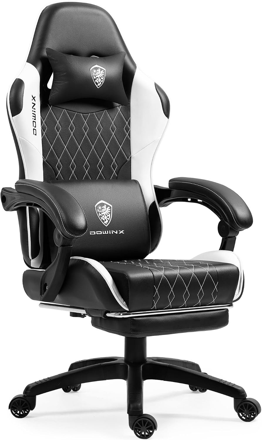 Dowinx Gaming Chair with Massage Lumbar Support and Footrest, Gaming Chairs for Adults, Ergonomic Computer Chair High Back with Pocket Spring Cushion, Swivel Recliner with Headrest, Black and White