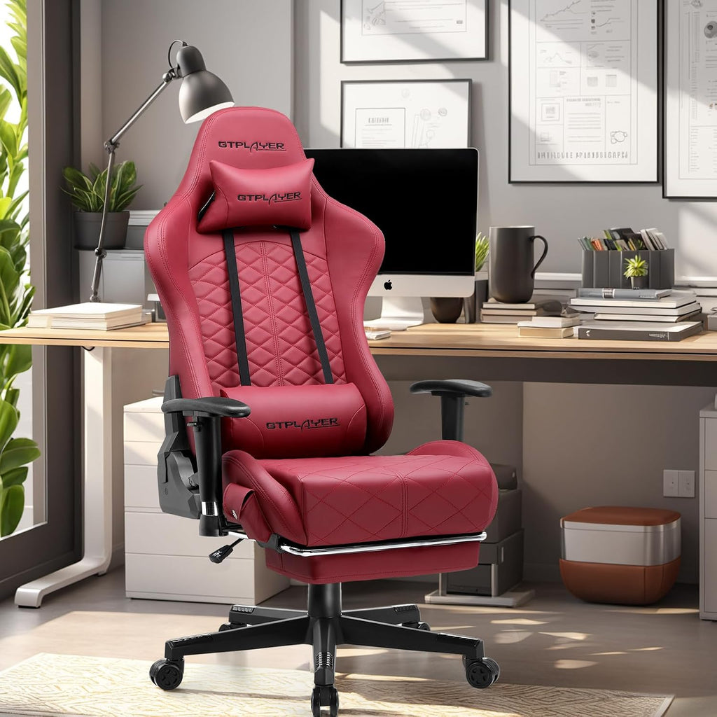 GTPLAYER Gaming Chair, Computer Chair with Bluetooth Speakers, High Back Ergonomic Office Chair Desk Chair with Lumbar Support, Height Adjustable Game Chair with Footrest 330LBS, WineRed