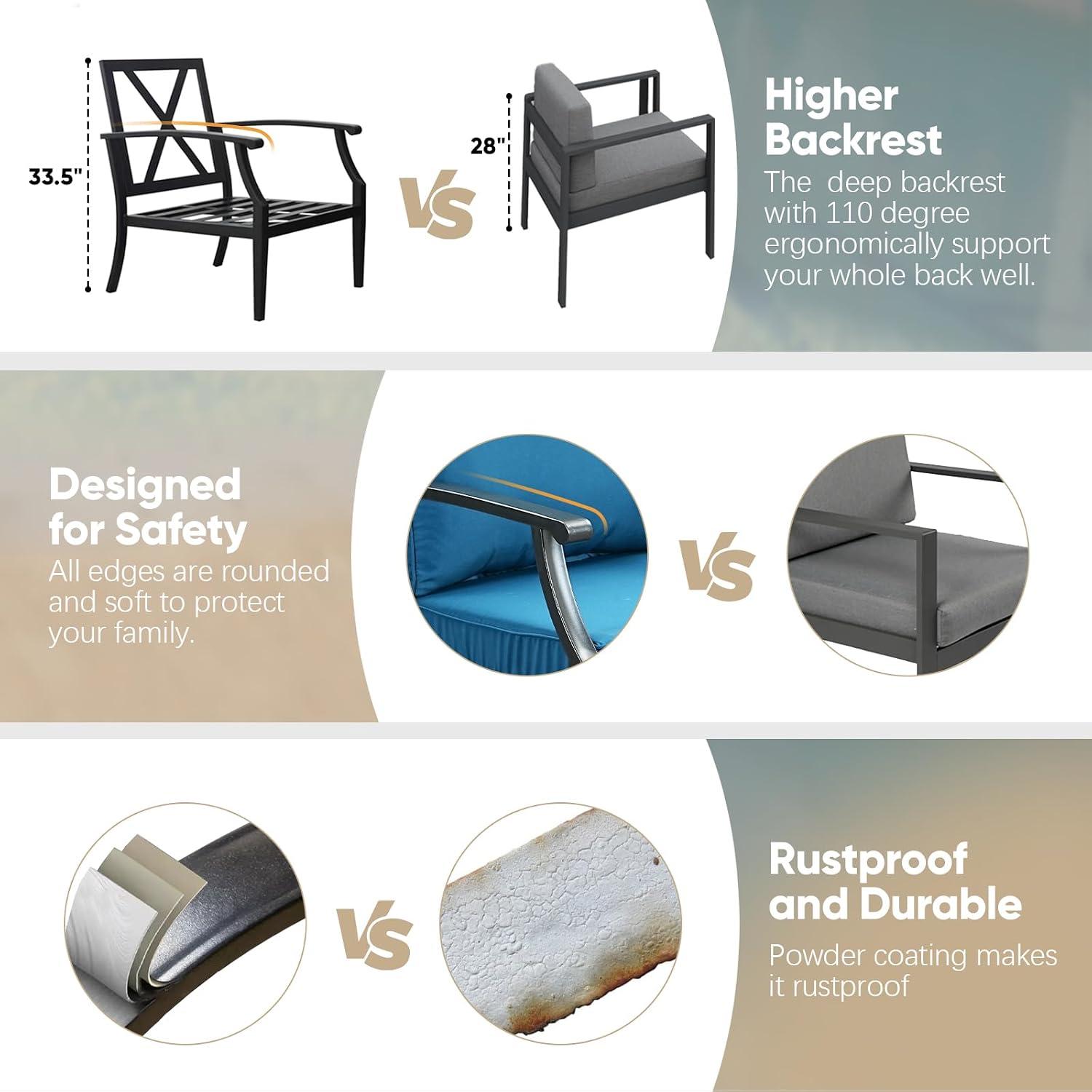 JOYURE 4 Pieces Patio Furniture Set w/loveseat,Coffe Table,Outdoor Conversation Metal Sofa with High Back and Thick Cushion,for Backyard,Garden,Peacock Blue