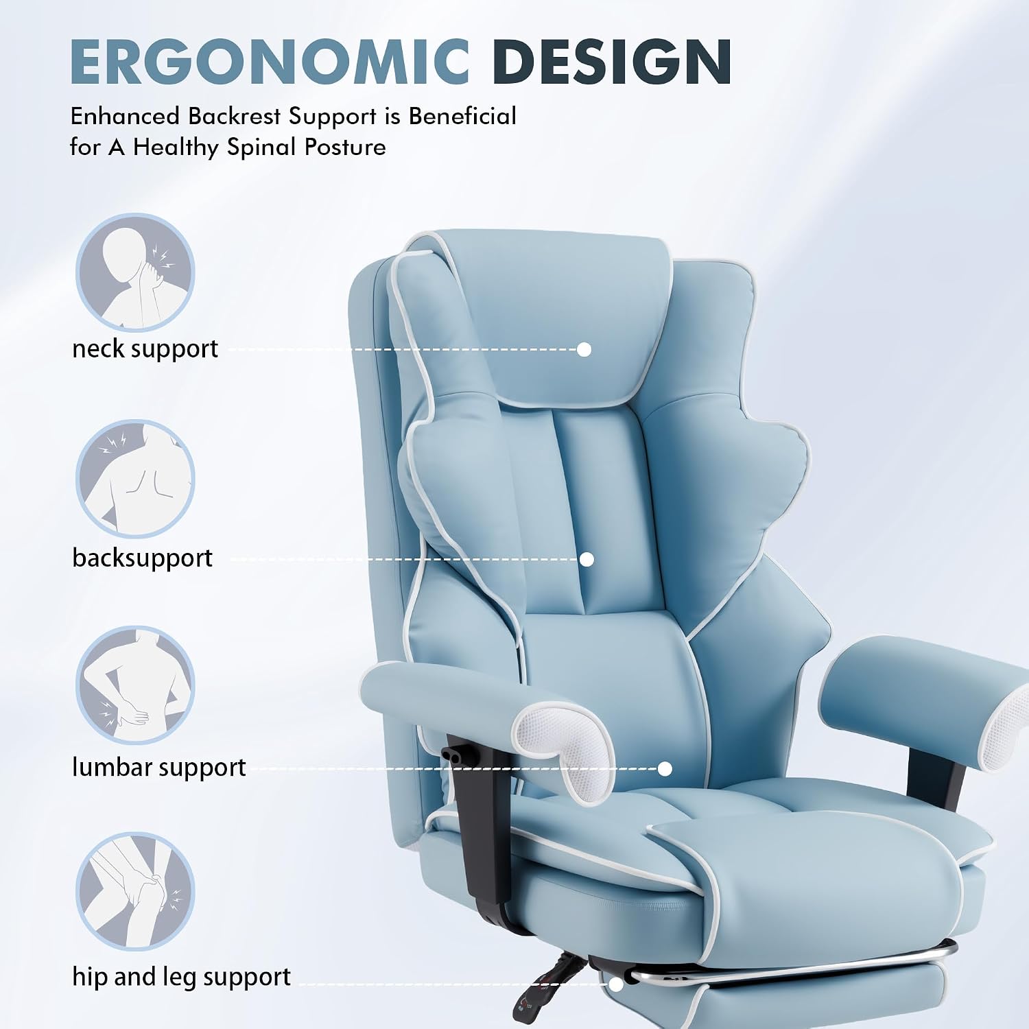 HOMREST 6-Point Massage Executive Chair,Heat Office Chair,Ergonomic Home Office Desk Chairs with Retractable Footrest and Reclining Function,Leather Computer Chair with Adjustable Armrest(‌Airy Blue)