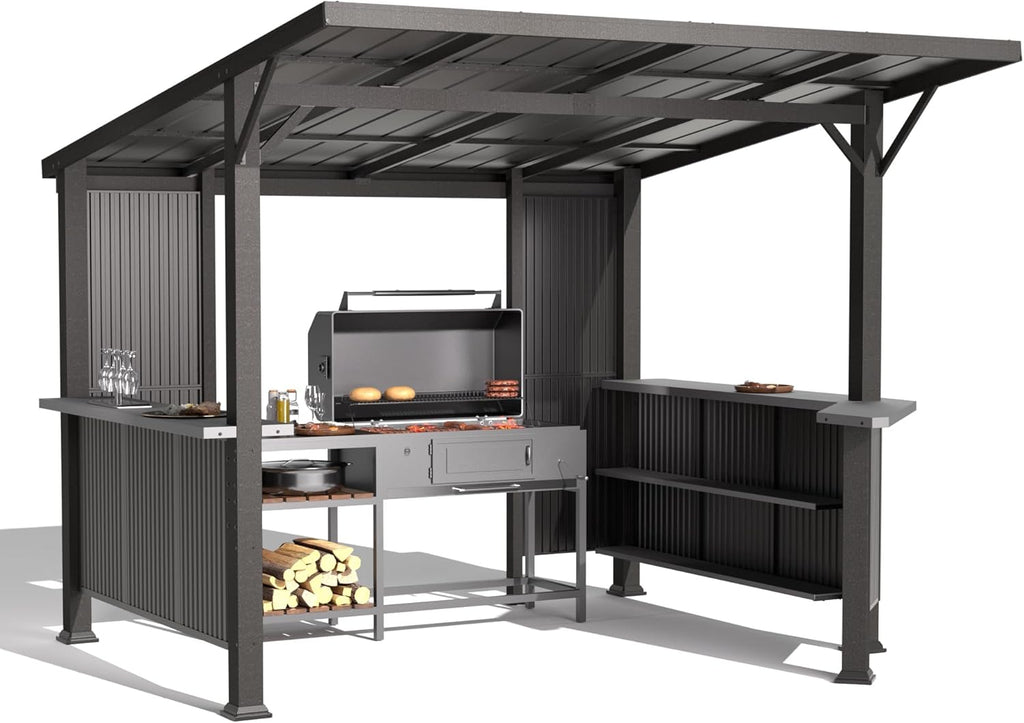 Gotland 10 FT x 10 FT Hardtop Grill Gazebo, BBQ Gazebo with 2 Extended Countertop 2 Side Shelves Drainage Holes Sloping Roof, Metal BBQ Canopy in 2 Combination Styles, for Patio Backyard Black