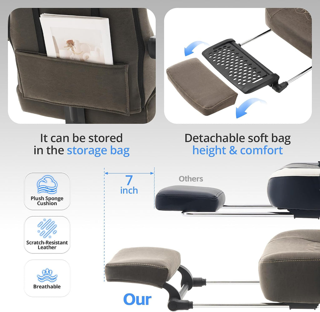 Gaming Chair Breathable Leather with Pocket Spring Cushion, Wide and High Ergonomic Office Chair with Headrest, Computer Gaming Chair with Footrest for Adult and Teen (Grey Leather)