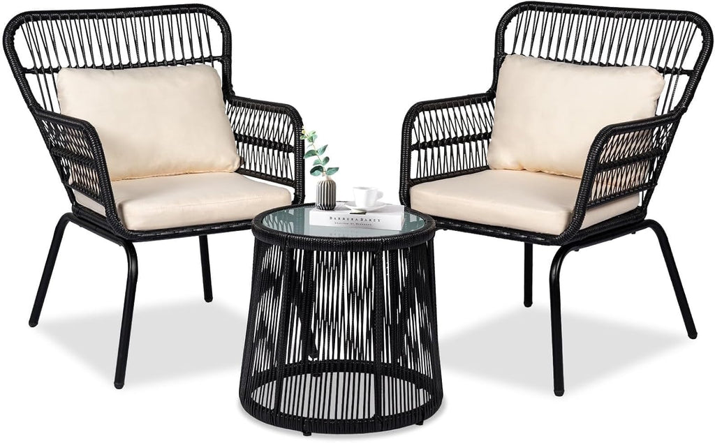 3 Piece Outdoor Wicker Furniture Bistro Set, Rattan Chairs Conversation Sets Wicker Patio Furniture for Balcony Poolside Backyard, Black/Beige
