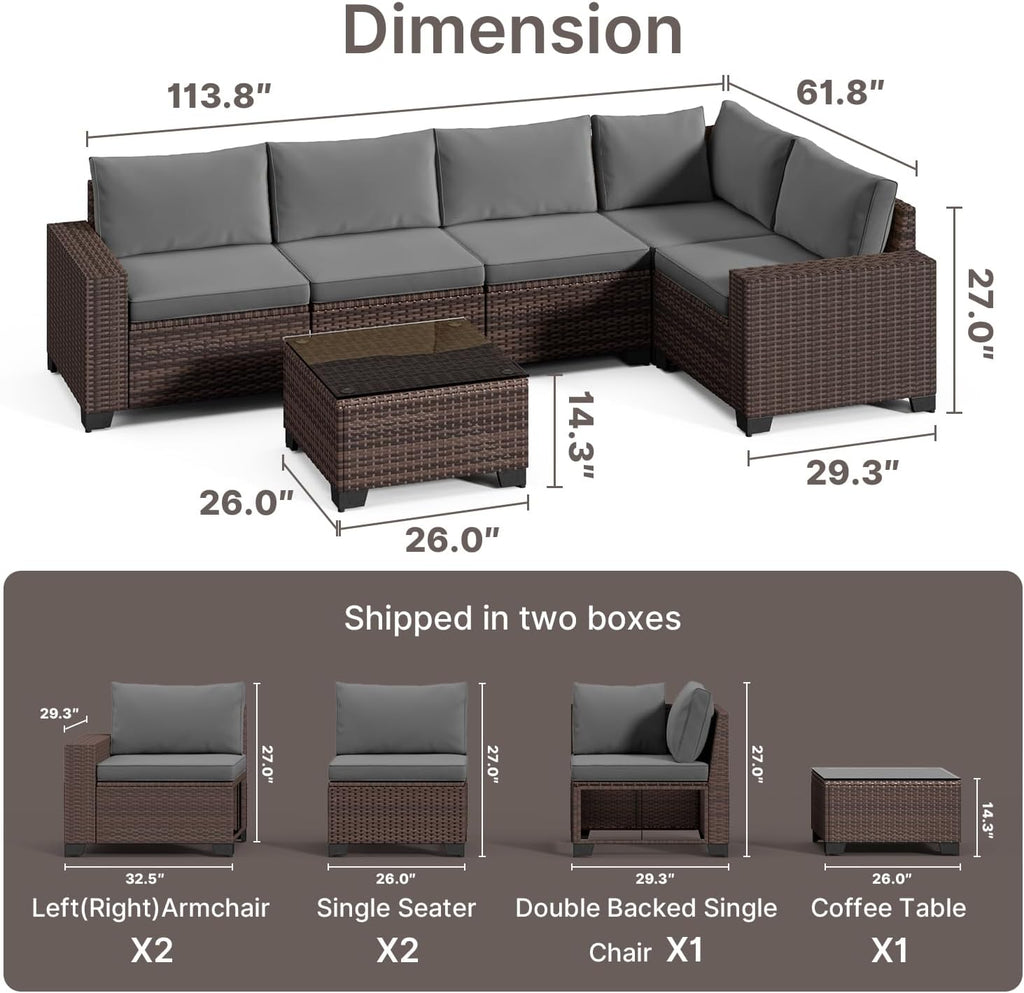 Gizoon 6-Piece Outdoor Patio Furniture Set, PE Wicker Rattan Sectional Sofa Conversation Set with Thickened Cushions and Coffee Table, All-Weather Patio Furniture for Garden, Backyard, Poolside, Grey