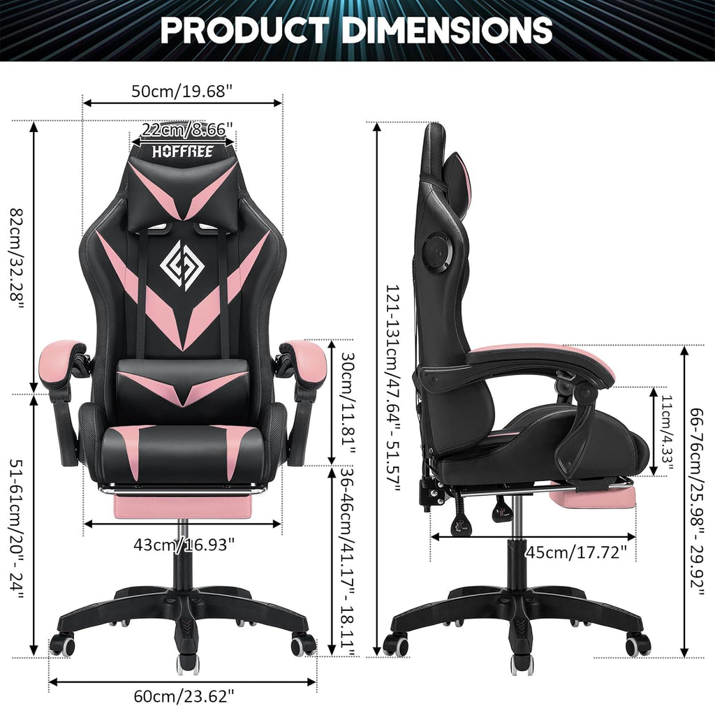 HOFFREE Gaming Chair Massage with Bluetooth Speakers and Led Lights Ergonomic Computer Gaming Chair with Footrest RGB Video Game Chair with High Back Lumbar Support Pink and Black
