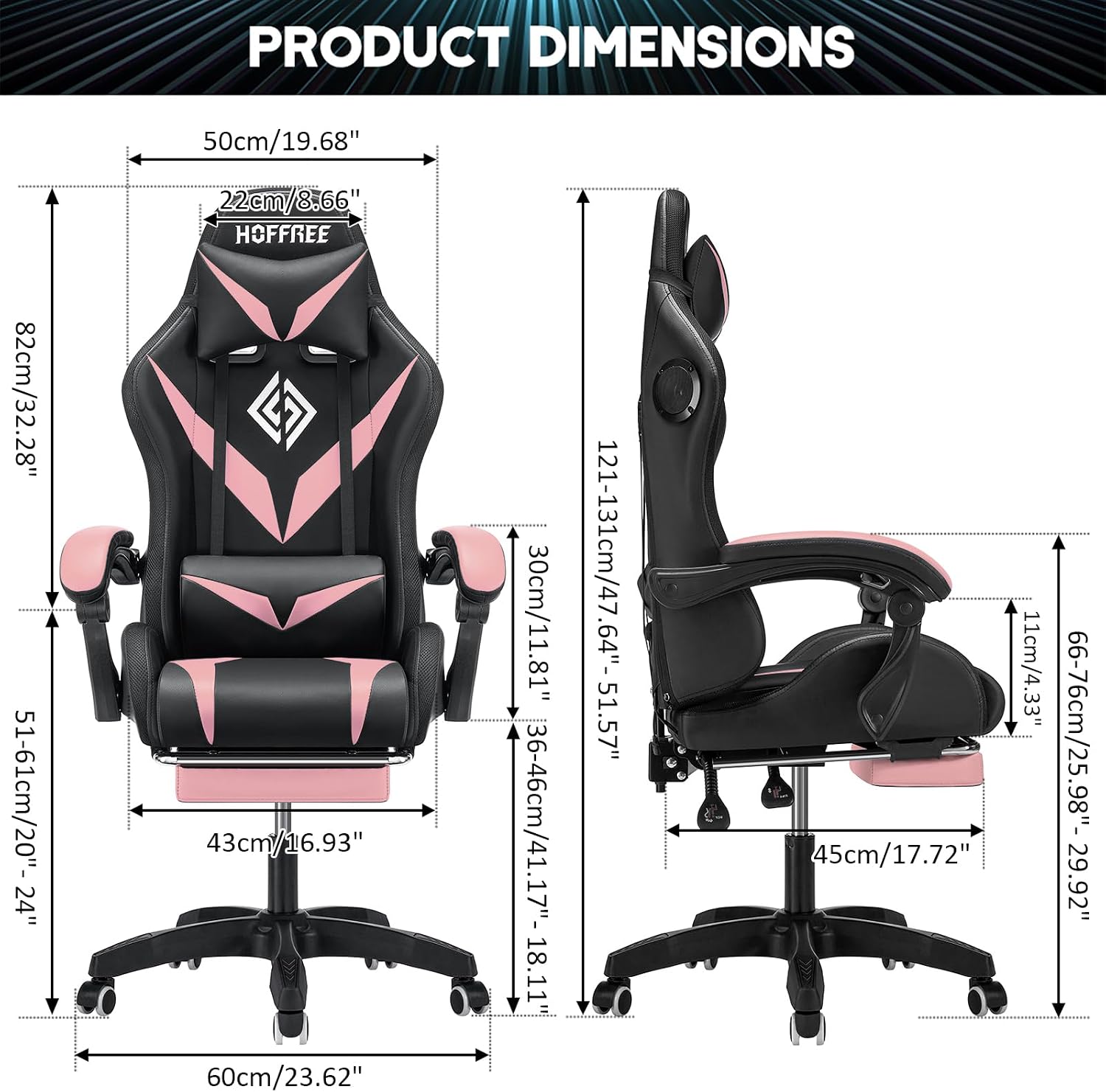 HOFFREE Gaming Chair Massage with Bluetooth Speakers and Led Lights Ergonomic Computer Gaming Chair with Footrest RGB Video Game Chair with High Back Lumbar Support Pink and Black
