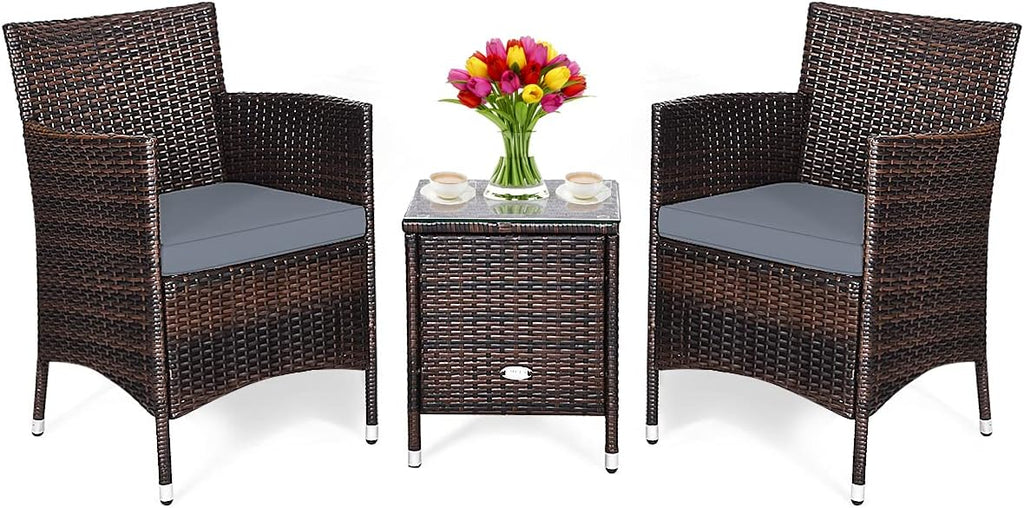 DORTALA Wicker Patio Furniture Set 3 Piece, Small Outdoor Table & Chairs Set with Cushions, All-Weather Rattan Conversation Bistro Set for Balcony, Porch, Backyard, Deck, Grey