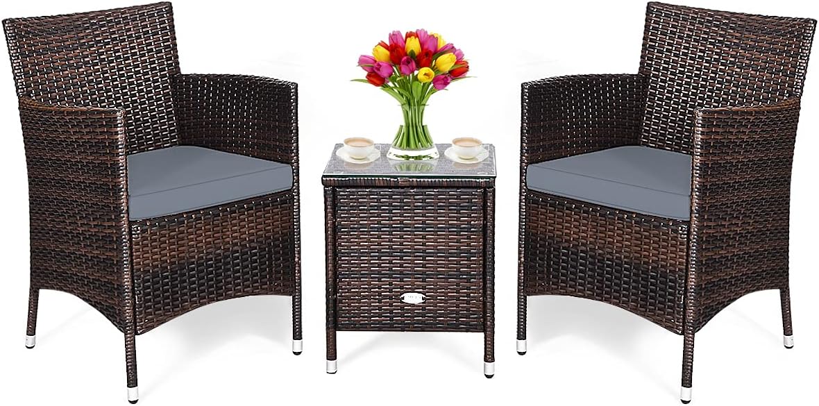 DORTALA Wicker Patio Furniture Set 3 Piece, Small Outdoor Table & Chairs Set with Cushions, All-Weather Rattan Conversation Bistro Set for Balcony, Porch, Backyard, Deck, Grey