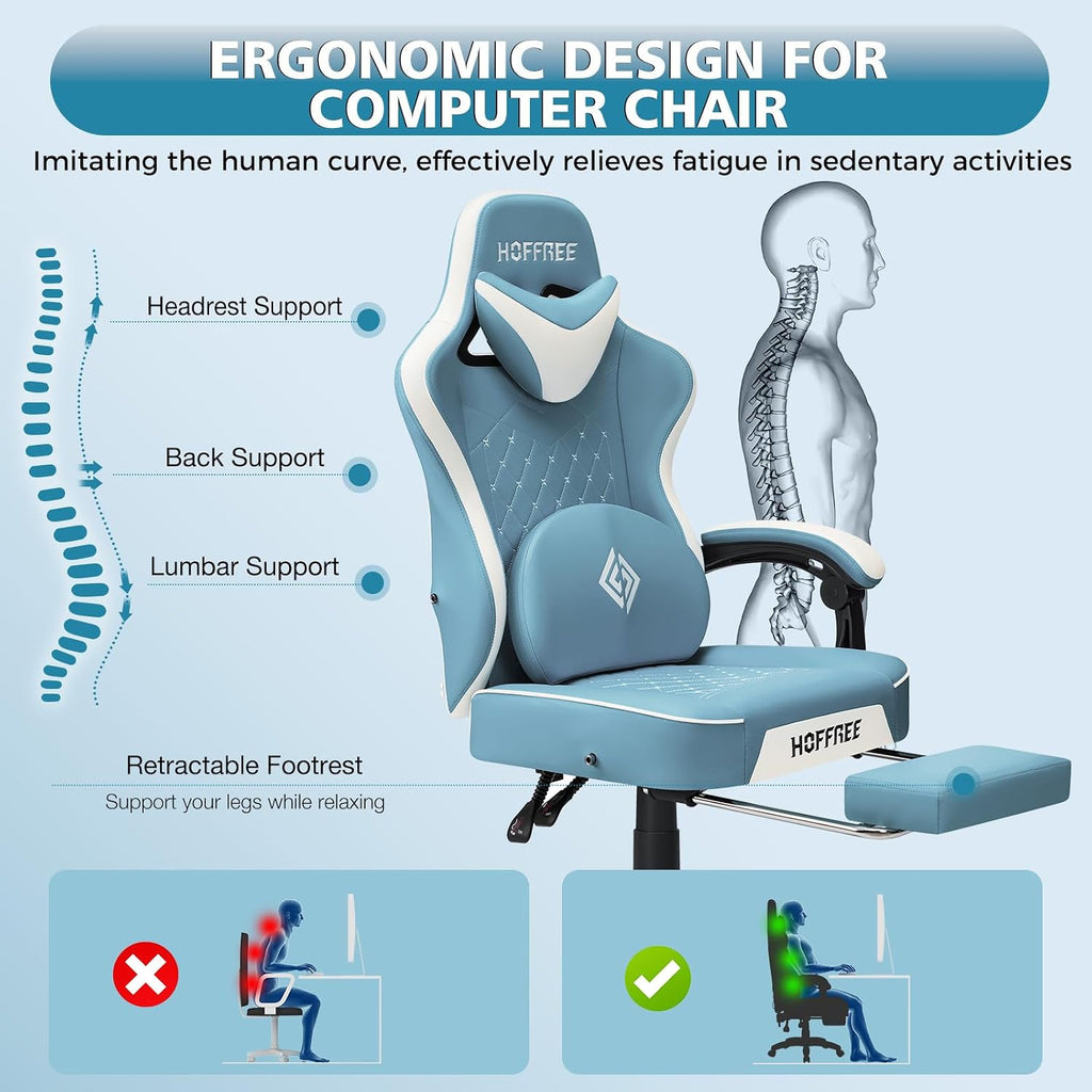 HOFFREE Gaming Chair Computer Chair with Speakers Massage Game Chairs with Footrest Bluetooth High Back Ergonomic Computer Gaming Chairs for Adults Reclining Video Gamer Chair Stone Blue and White