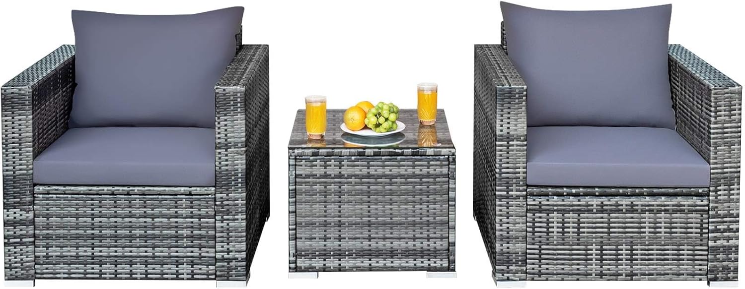 HAPPYGRILL 3 Pieces Patio Conversation Set, Outdoor Rattan Wicker Sofa Set with Coffee Table, Patio Furniture Set with Soft Cushions for Balcony Porch Backyard Garden