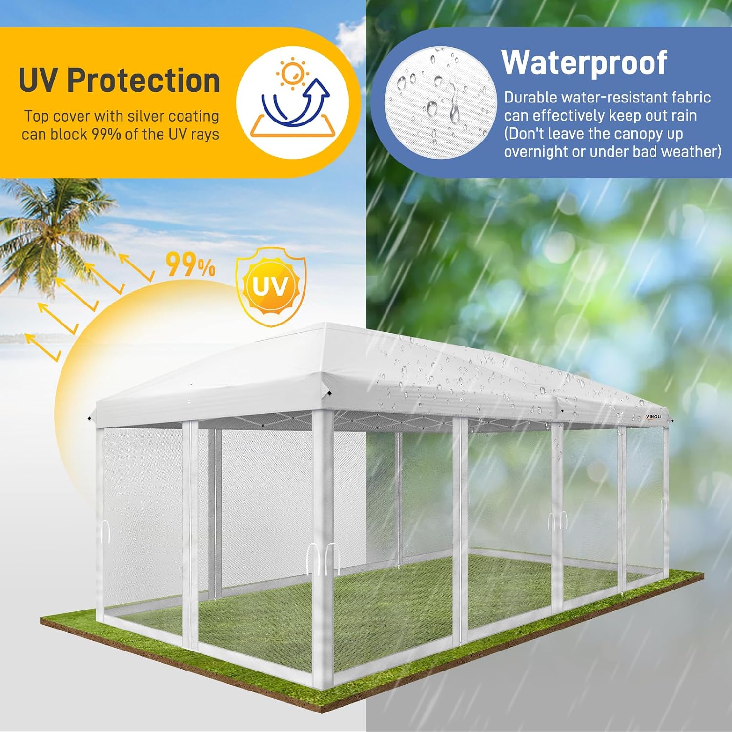 VINGLI 10x20 Pop Up Canopy with Sidewalls Carry Bag Easy Up Canopy Tent with Nettings, Screened in Gazebo for Camping Screened Canopy (White, 10x20)