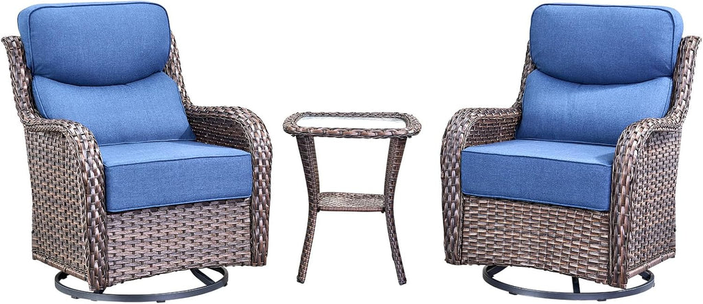 Luxury High Back Outdoor Swivel Rocker Patio Chairs with Side Table & 6-Inch Thick Cushions, 3 Pieces Patio Furniture Set for Porch, Balcony, Deck and Yard