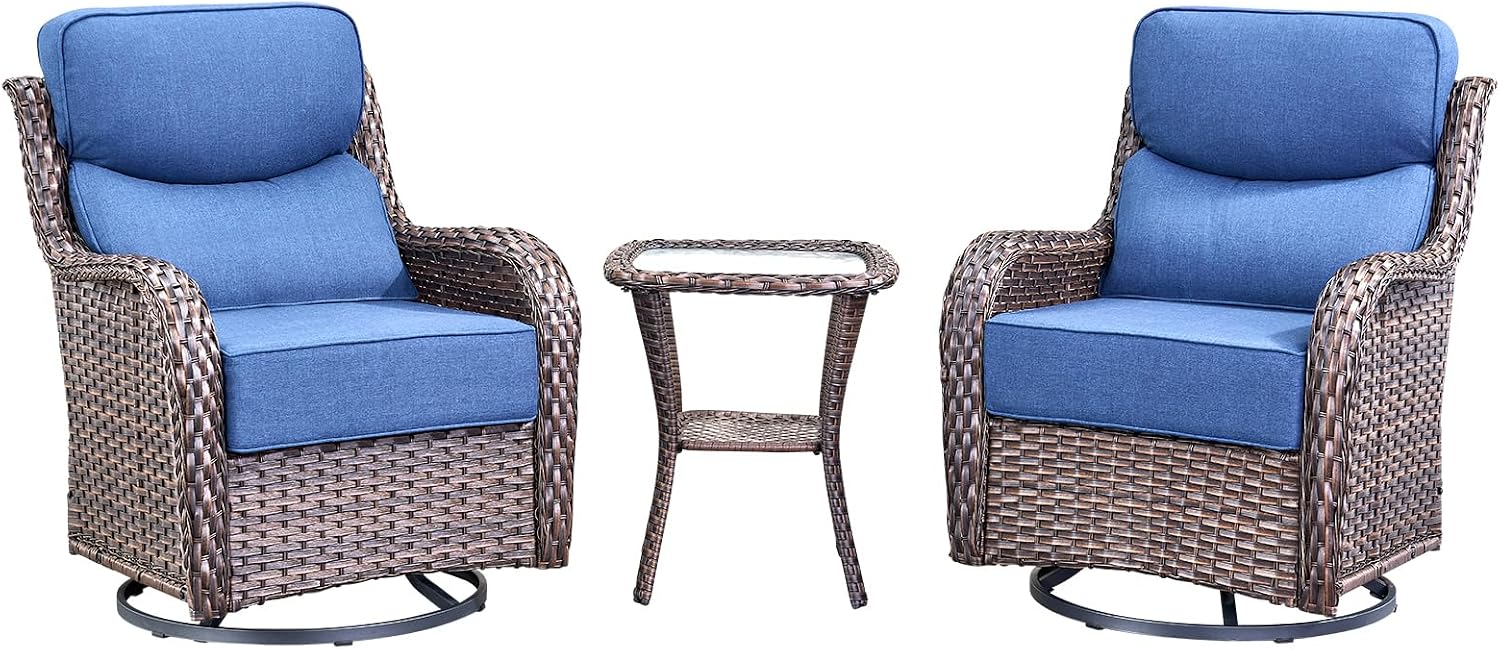 Luxury High Back Outdoor Swivel Rocker Patio Chairs with Side Table & 6-Inch Thick Cushions, 3 Pieces Patio Furniture Set for Porch, Balcony, Deck and Yard