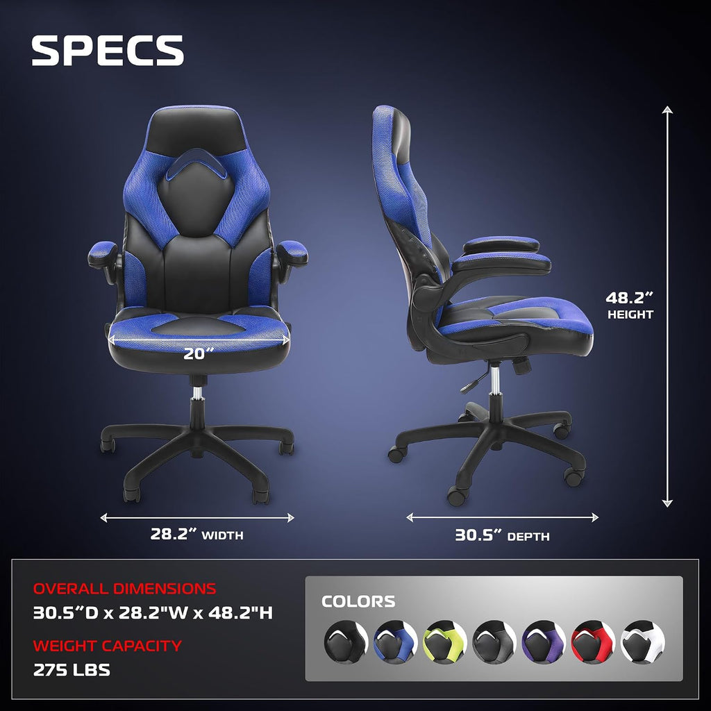 RESPAWN 3085 Ergonomic Gaming Chair for Adults, High Back Office Chair with Headrest and Flip Up Arms, Leather Racing Style Gaming Seat with Lumbar Support, Video Game Computer Desk Seat - Blue