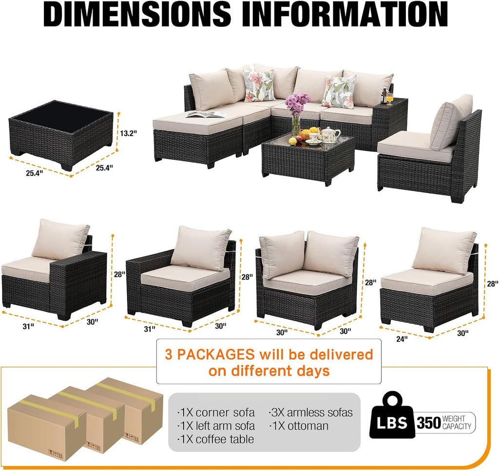 JOYURE 8 Pieces Patio Furniture Set All-Weather Outdoor Wicker Sectional Conversation Sofa Rattan Patio Seating Sofa with Cushion and Glass Table for Porch Poolside,Beige
