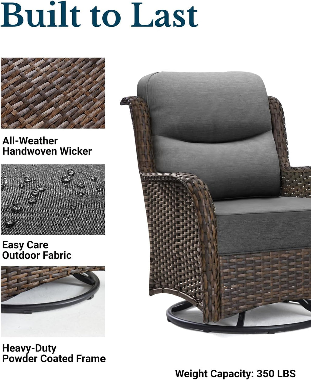 HILLGA Luxury Outdoor Swivel Rocker Patio Chairs of 2 with 6 Inch Thick Cushions and Side Table, Swivel Outdoor Chairs 3PCS High Back Wicker Patio Furniture Set for Porch, Balcony, Deck in Dark Grey