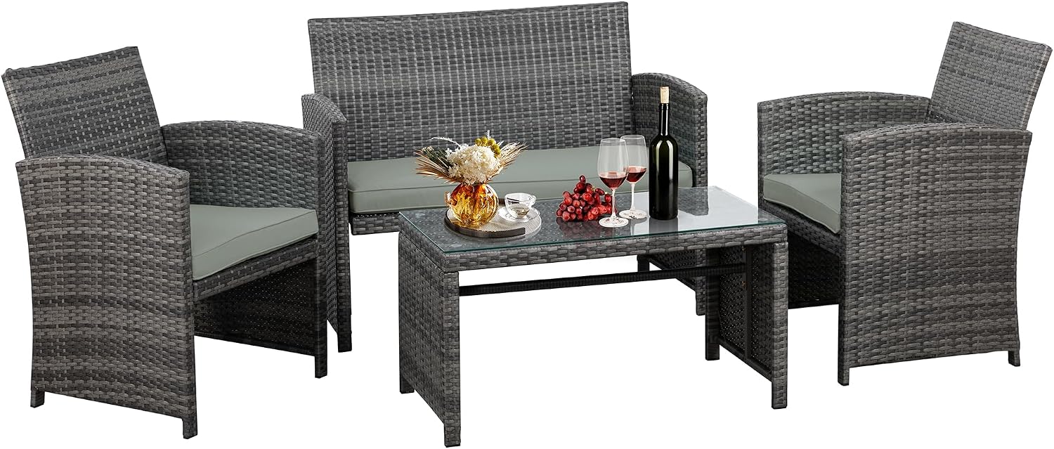 JAMFLY 4 Piece Outdoor Patio Furniture Set, Outdoor Wicker Rattan Chairs Conversation Sets with Cushions & Coffee Table for Outside, Garden, Balcony, Porch, Grey